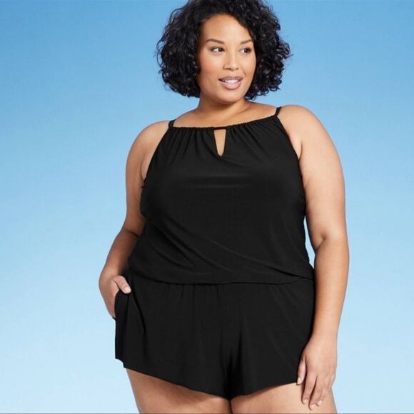 Aqua Green High Neck Keyhole Swim Romper Black One Piece Suit Size 20W, 26W - Picture 1 of 8